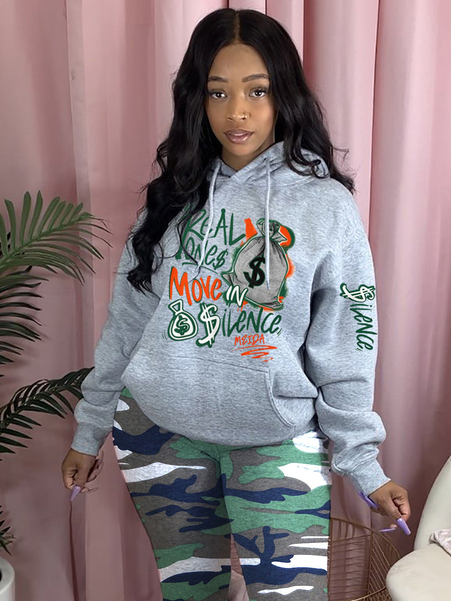 Damen Sportliches Hoodie und Jogginghose Set mit kreativem Grafikdruck Drune
