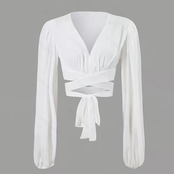 Damen Wickelbluse mit langem Arm und elegantem V-Ausschnitt Drune