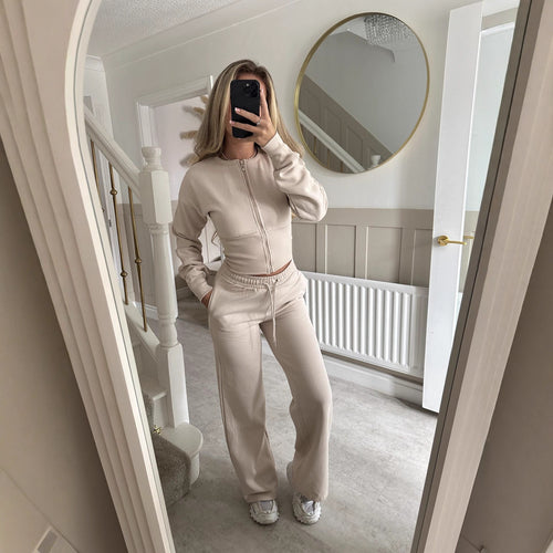 Damen lässiger Cropped Hoodie und Jogginghose Set mit elastischem Bund Drune
