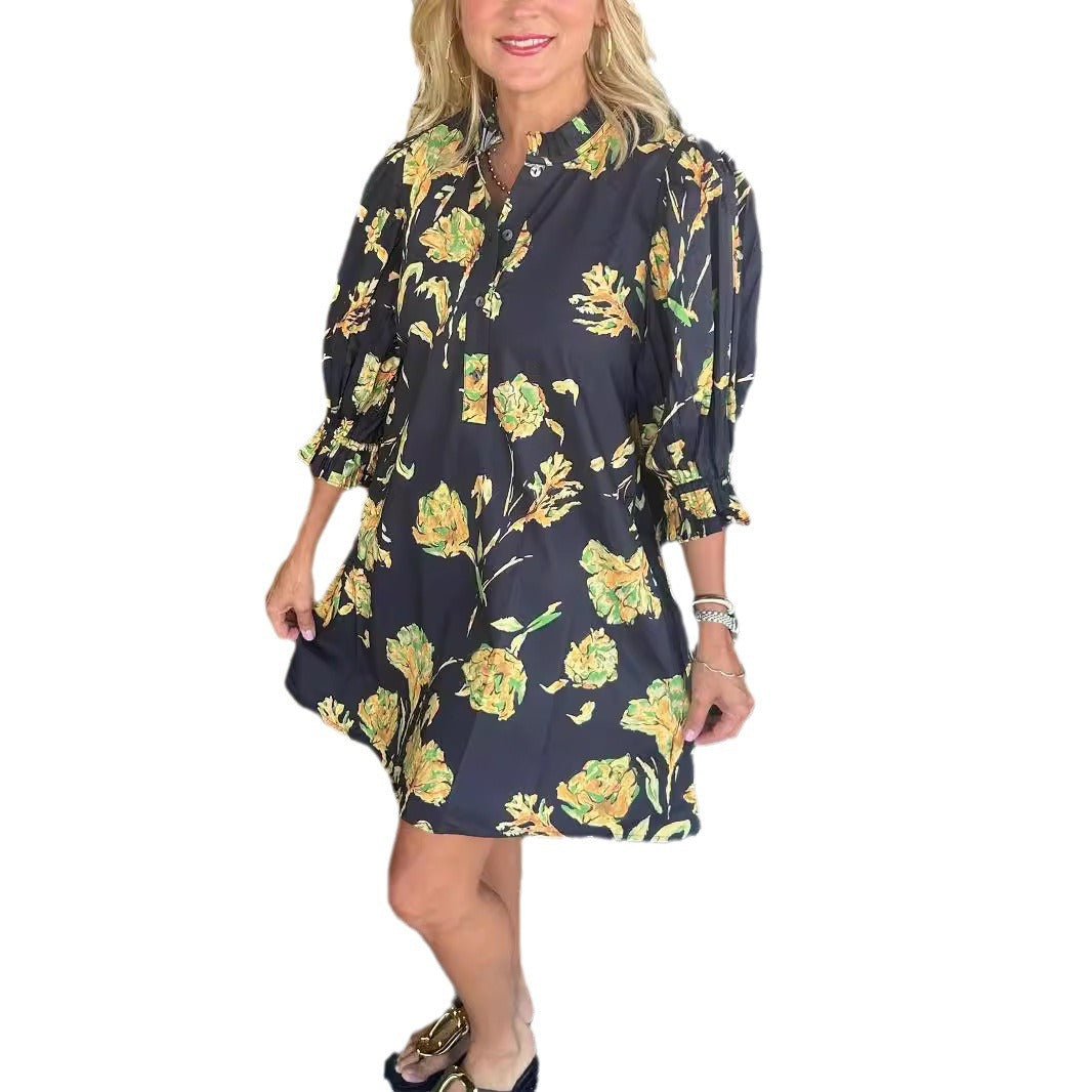 Damen Blusenkleid mit floralen Akzenten und Rüschendetails Drune