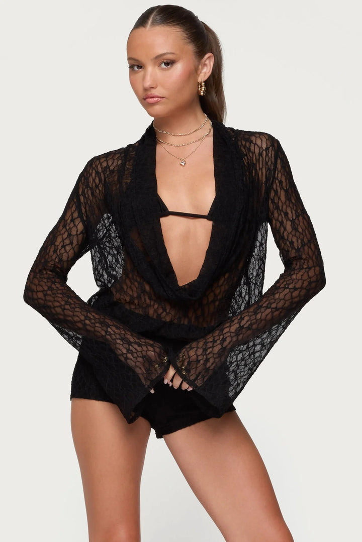 Damen Transparente Spitze Bluse mit tiefem V-Ausschnitt und weit ausgestellten Ärmeln Drune