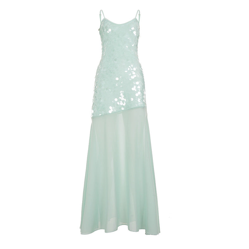 Damen schimmerndes ärmelloses Maxikleid mit funkelnden Pailletten Drune