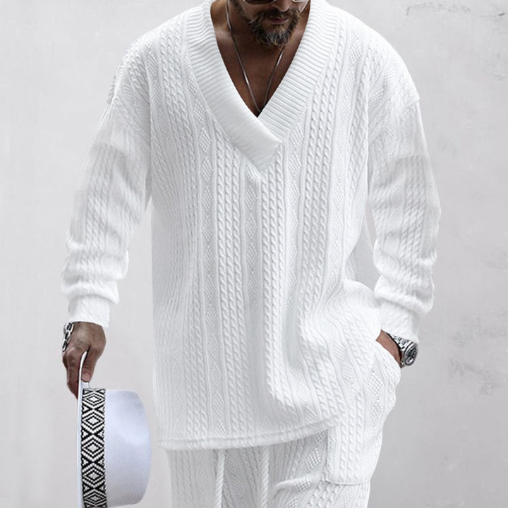 Herren nan oversized Kabelstrick V-Ausschnitt Pullover mit Relaxhose Set Drune