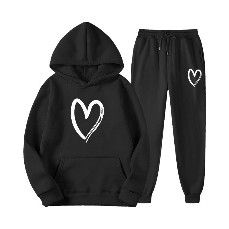 Damen Sweatsuit mit Kängurutasche und herzförmigem Print Drune