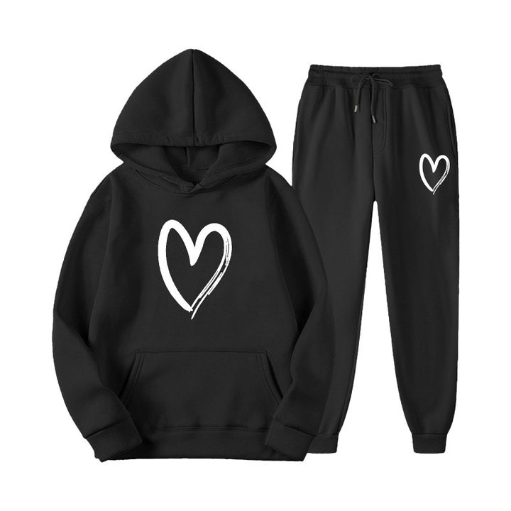 Damen Sweatsuit mit Kängurutasche und herzförmigem Print Drune