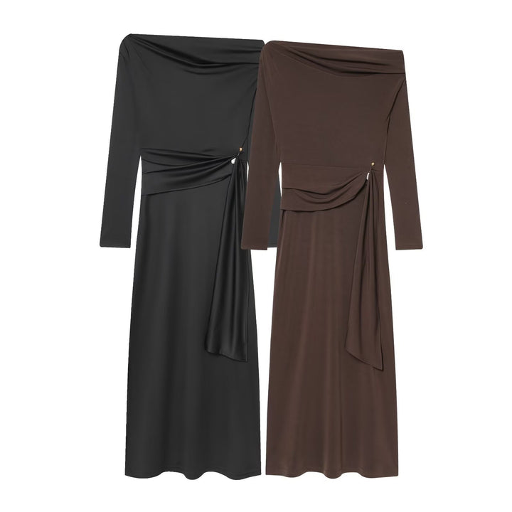 Damen elegantes Maxikleid mit asymmetrischem Ausschnitt und dekorativer Drapierung Drune