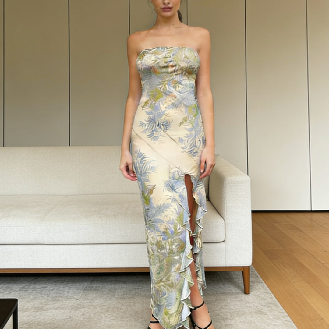 Damen Strapless Maxikleid mit Rüschen und floralem Muster Drune