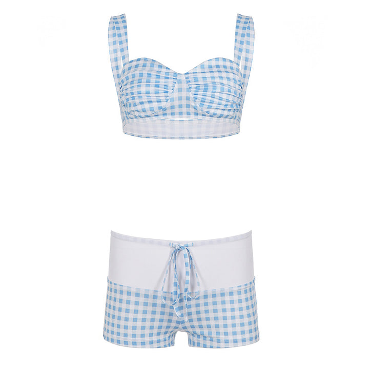 Damen Bademode-Set mit kariertem Oberteil und hohen Bundshorts Drune