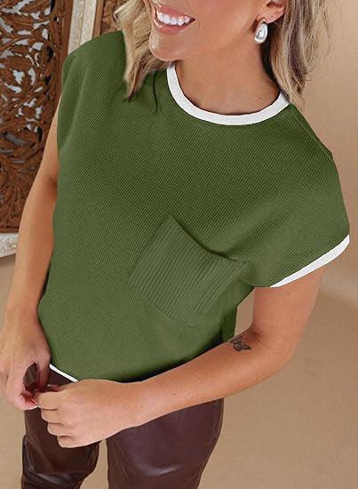 Damen stylisches Kurzarmshirt mit Brusttasche und kontrastierenden Details Drune