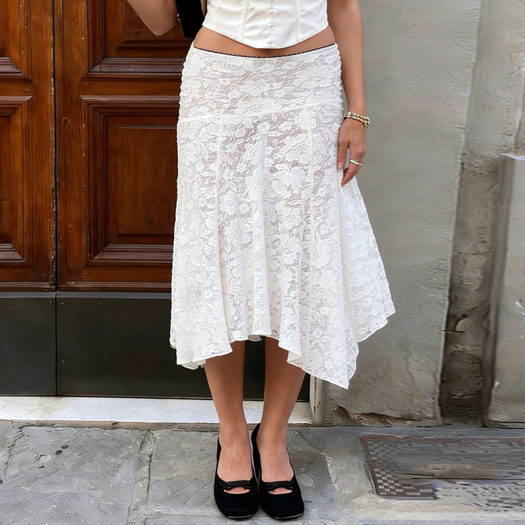 Damen eleganter Spitzenrock mit asymmetrischem Schnitt Drune