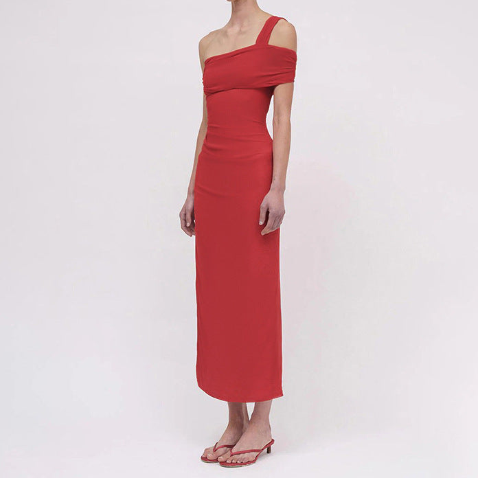 Damen Elegantes Maxi-Kleid mit asymmetrischem Ausschnitt und figurformendem Drapierungsdesign Drune