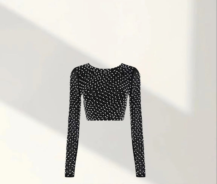 Damen Elegantes Langarm-Crop-Top mit Perlenbesatz Drune