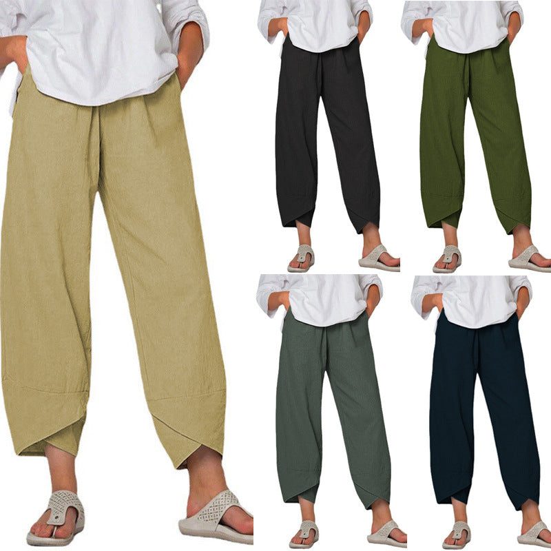 Damen nan lockere Leinenhose mit hohem Bund, Tulpen-Saum und seitlichen Eingrifftaschen Drune