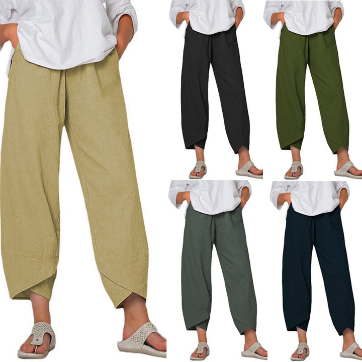 Damen nan lockere Leinenhose mit hohem Bund, Tulpen-Saum und seitlichen Eingrifftaschen Drune
