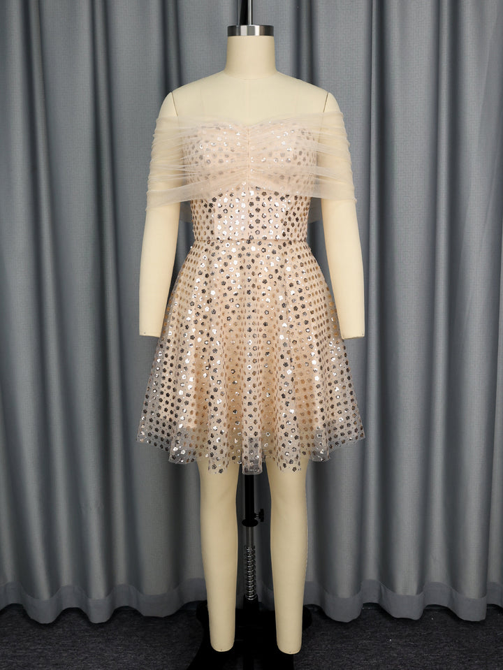Damen Glamouröses Cocktailkleid mit transparentem Tüllüberzug und funkelnden Pailletten Drune