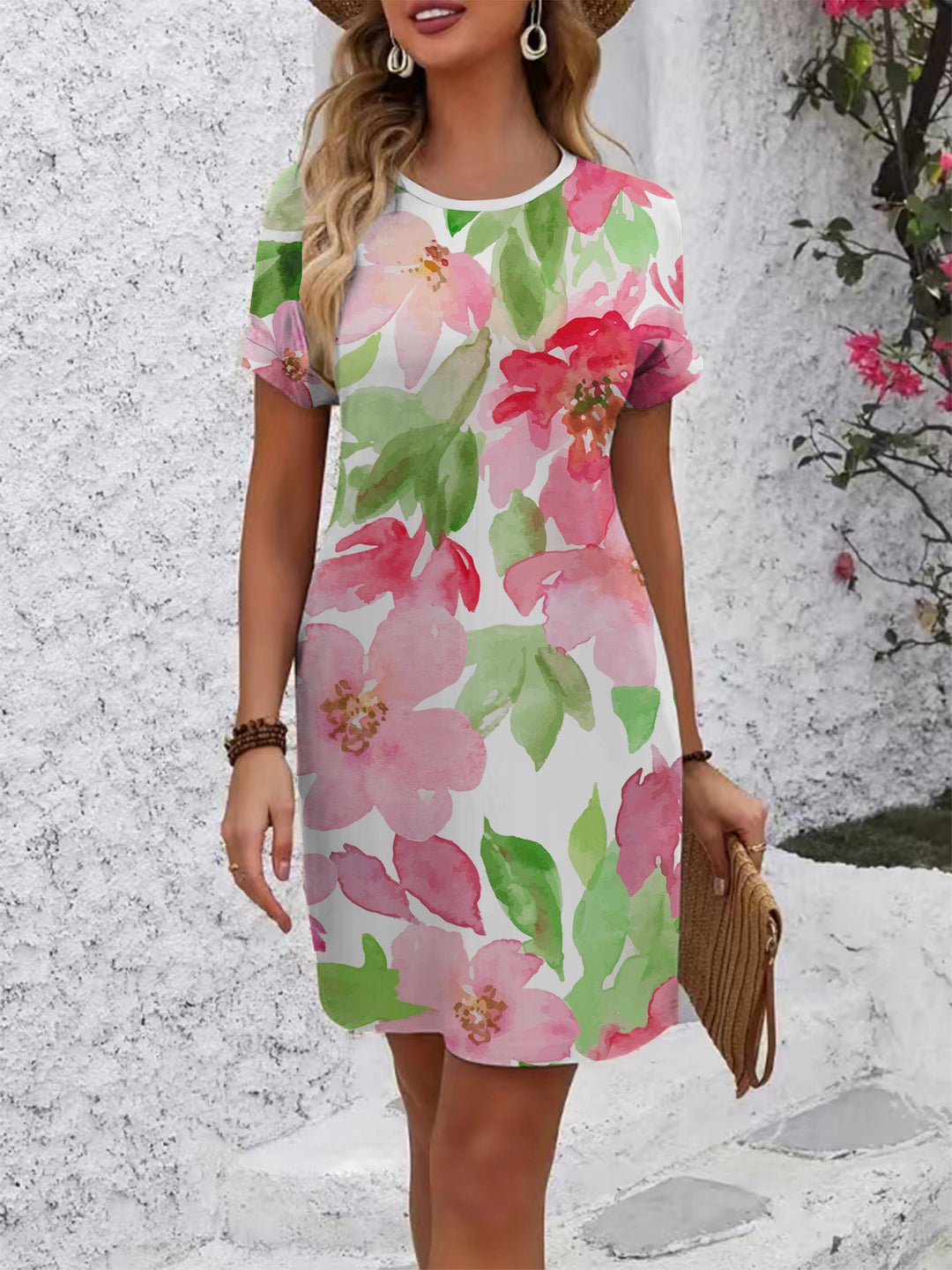 Damen Kurzarmkleid mit floralem Muster und lockerer Passform Drune
