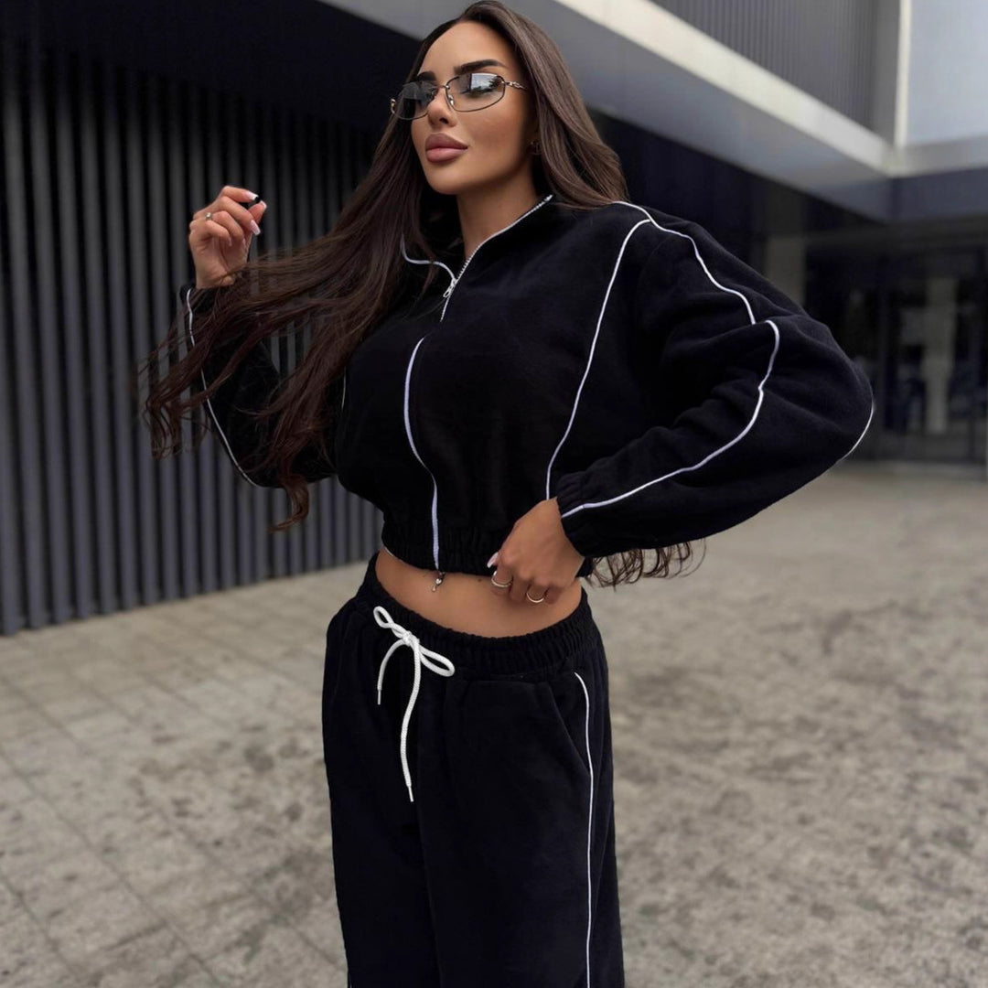 Damen Fleece-Jogginganzug mit hohem Kragen und elastischem Bund Drune