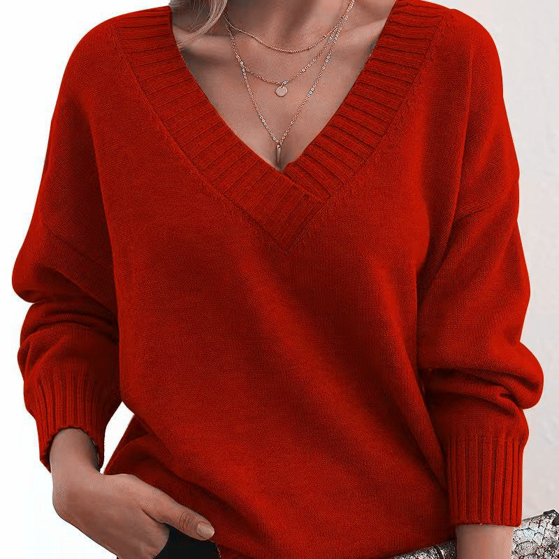 Damen nan Oversized V-Ausschnitt Strickpullover mit gerippten Bündchen Drune