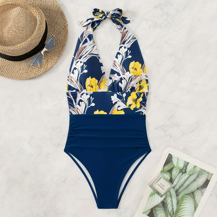 Damen Einteiliger Badeanzug mit floralem Design und Langen Bindebändern Drune