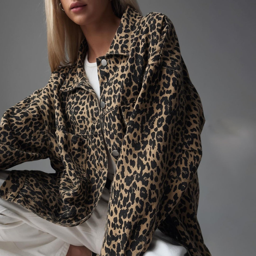 Damen Trendige Oversized Jeansjacke mit Leopardenmuster Drune