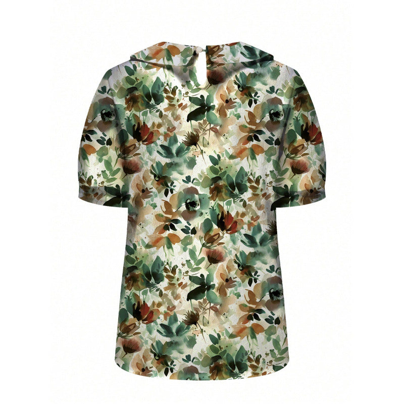 Damen Kurzarmbluse mit floralen Akzenten und klassischem Kragen Drune