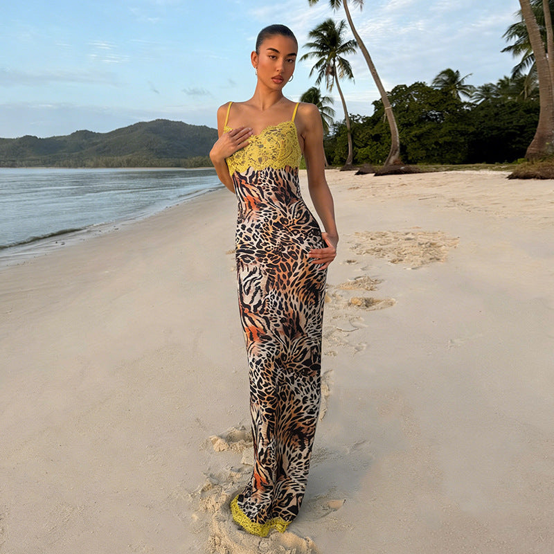 Damen Elegantes Maxikleid mit Spitzenoberteil und animalischem Print Drune