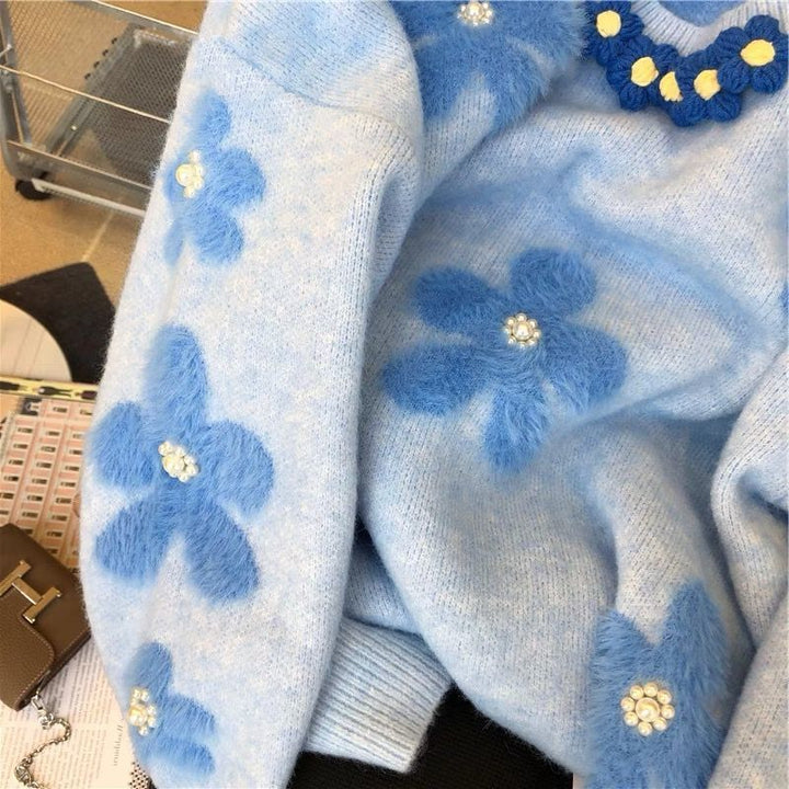 Damen Strickpullover mit floralem Design und Perlenverzierungen Drune