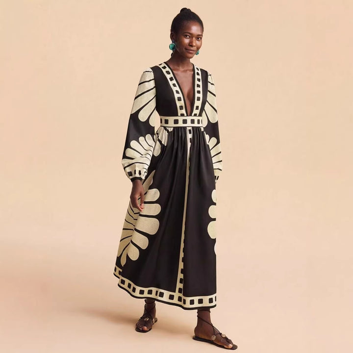 Damen Maxi-Kleid mit tiefem V-Ausschnitt und extravaganten Ärmel-Designs Drune