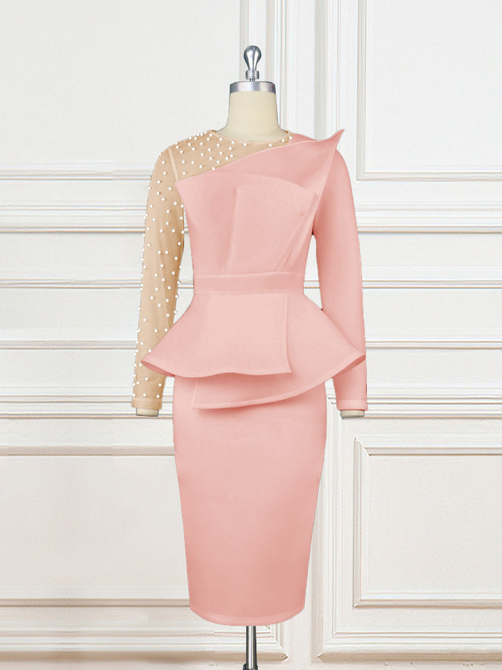 Damen figurbetontes Abendkleid mit transparenten Puffärmeln und voluminösem Oberteil Drune