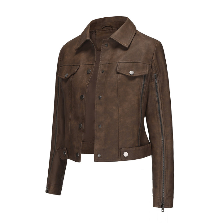 Damen modische Shortjacke aus Kunstleder mit Reißverschlussdetails Drune