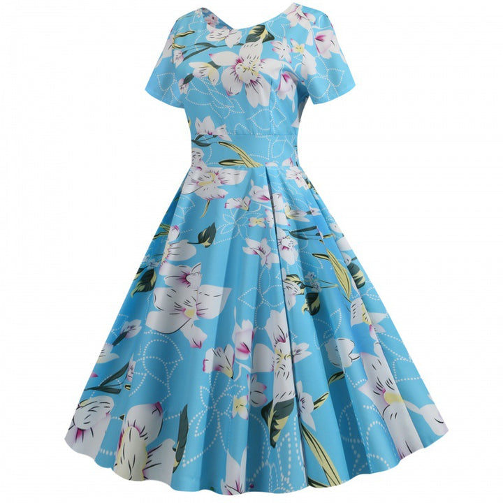 Damen ausgestelltes Blumen-Midikleid mit Rundhalsausschnitt und kurzen Ärmeln Drune