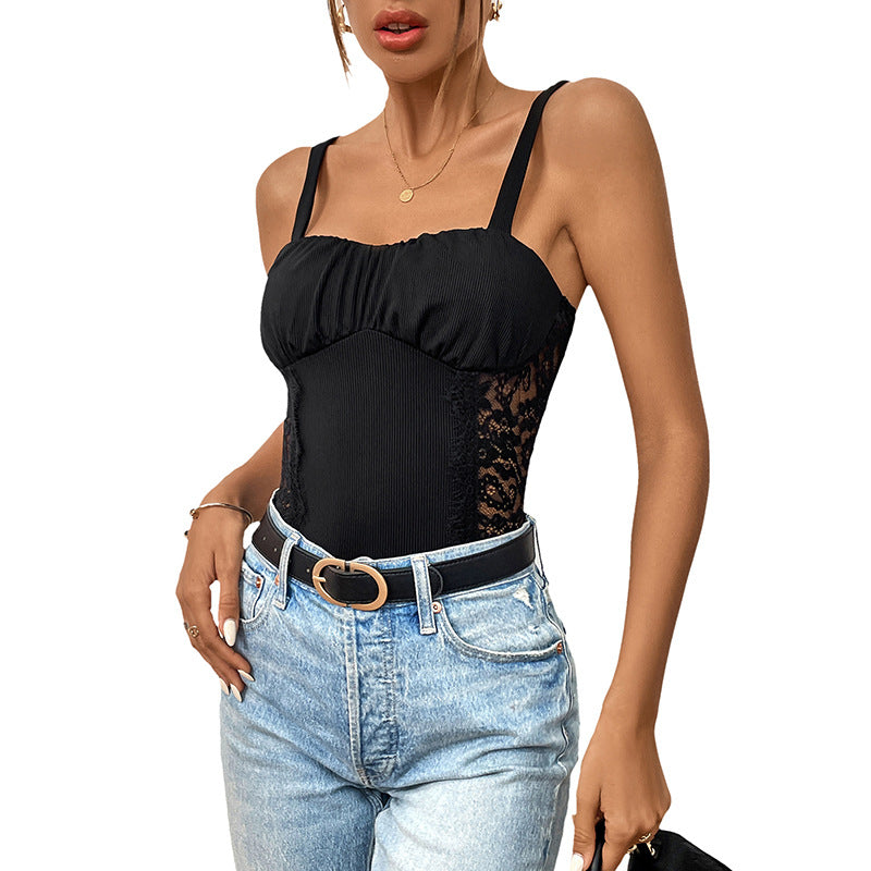 Damen Tailliertes Spitzentop mit eleganten Trägern und Rüschen Drune