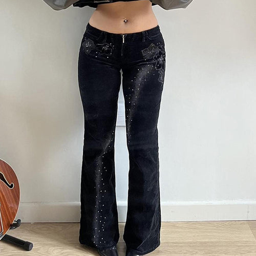 Damen nan ausgestellte Cordhose mit Glitzerstreifen und Blumenstickerei, hoher Bund Drune