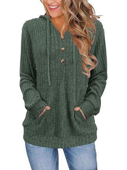 Damen kuscheliger Kapuzenpullover mit Knopfleiste und seitlichen Taschen Drune