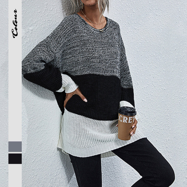 Damen lässiger Strickpullover mit modischem Farbwechsel und oversized Schnitt Drune