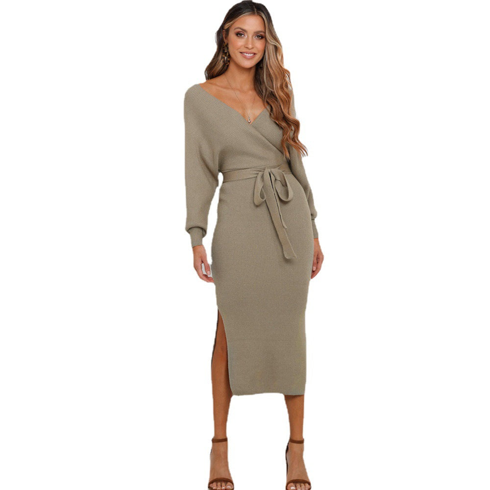 Damen Strickkleid mit Wickeldesign und Taillengürtel Drune