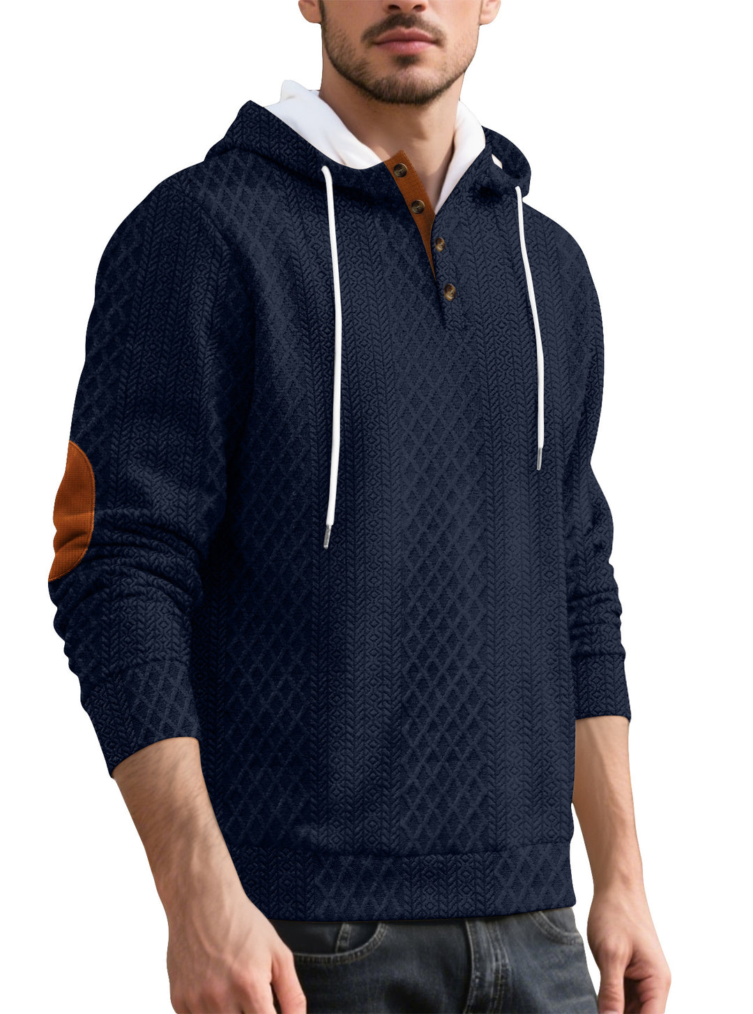 Herren nan Diamond-Struktur Kapuzenpullover mit Kurzknopfleiste, gesteppter Kapuzeninnenkante und Wildleder-Ellbogenpatch Drune