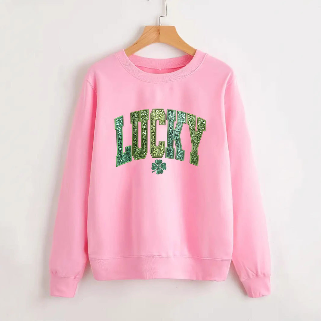 Damen lässiger Sweatshirt mit glitzerndem Schriftzug und Kleeblattmotiv Drune