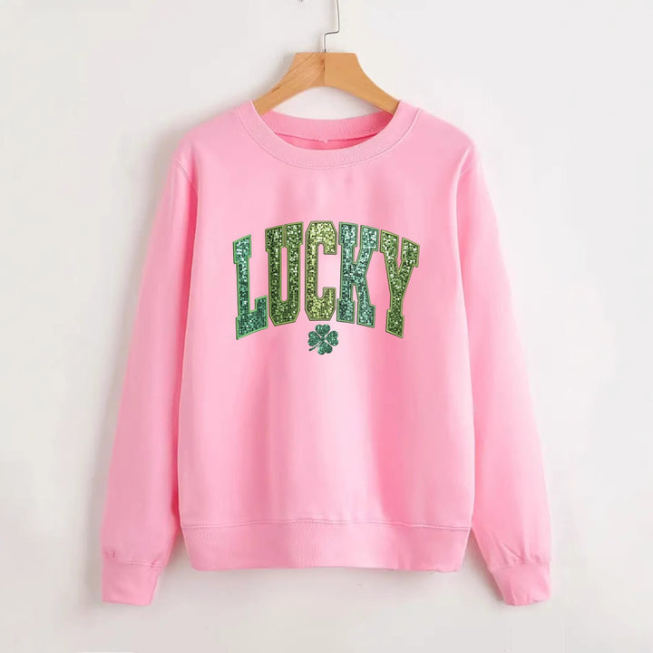 Damen lässiger Sweatshirt mit glitzerndem Schriftzug und Kleeblattmotiv Drune