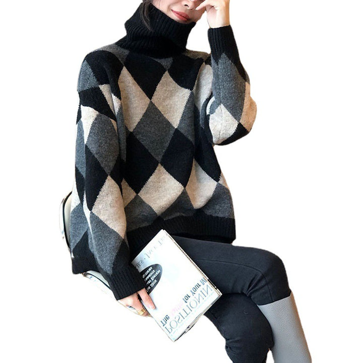 Damen Grobstrickpullover mit modernem Rautenmuster und hohem Kragen Drune