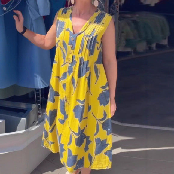 Damen nan lässiges V-Ausschnitt-Midikleid mit Brustpasse, senkrechten Falten und dekorativer Knopfleiste Drune