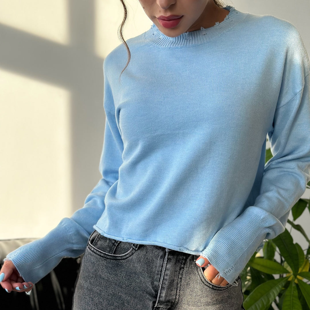 Damen lässiger Pullover mit modernem Rippkragen und trendy Rissdetails Drune