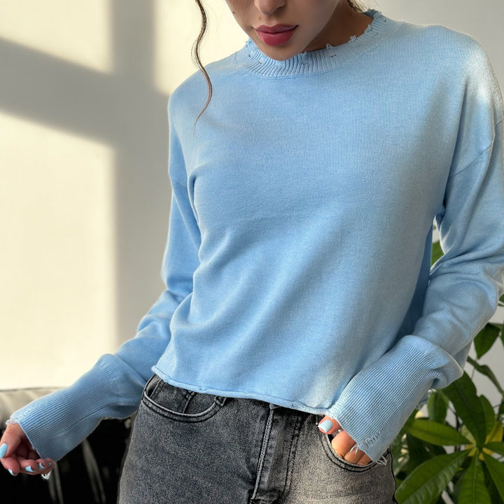 Damen lässiger Pullover mit modernem Rippkragen und trendy Rissdetails Drune