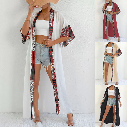 Damen eleganter, leichter Kaftan mit buntem Häkelbesatz Drune