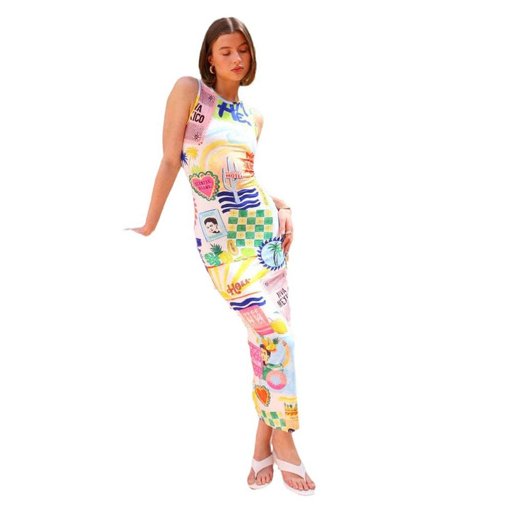 Damen Midikleid mit buntem Grafikdruck und figurbetontem Schnitt Drune