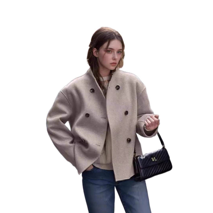 Damen modische Wolljacke mit doppelter Knopfleiste und hohen Kragen Drune