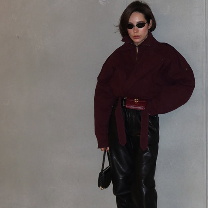 Damen moderne Oversized-Jacke mit Stehkragen und Taillengürtel Drune