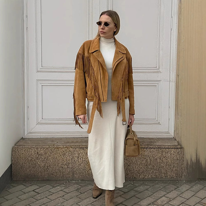 Damen Wildlederjacke mit fransigen Details und taillierbarem Gürtel Drune