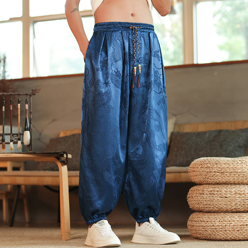 Herren nan weite Jacquard-Satin-Haremshose mit Tunnelzug, elastischen Bündchen und traditionellem Drachenmotiv Drune