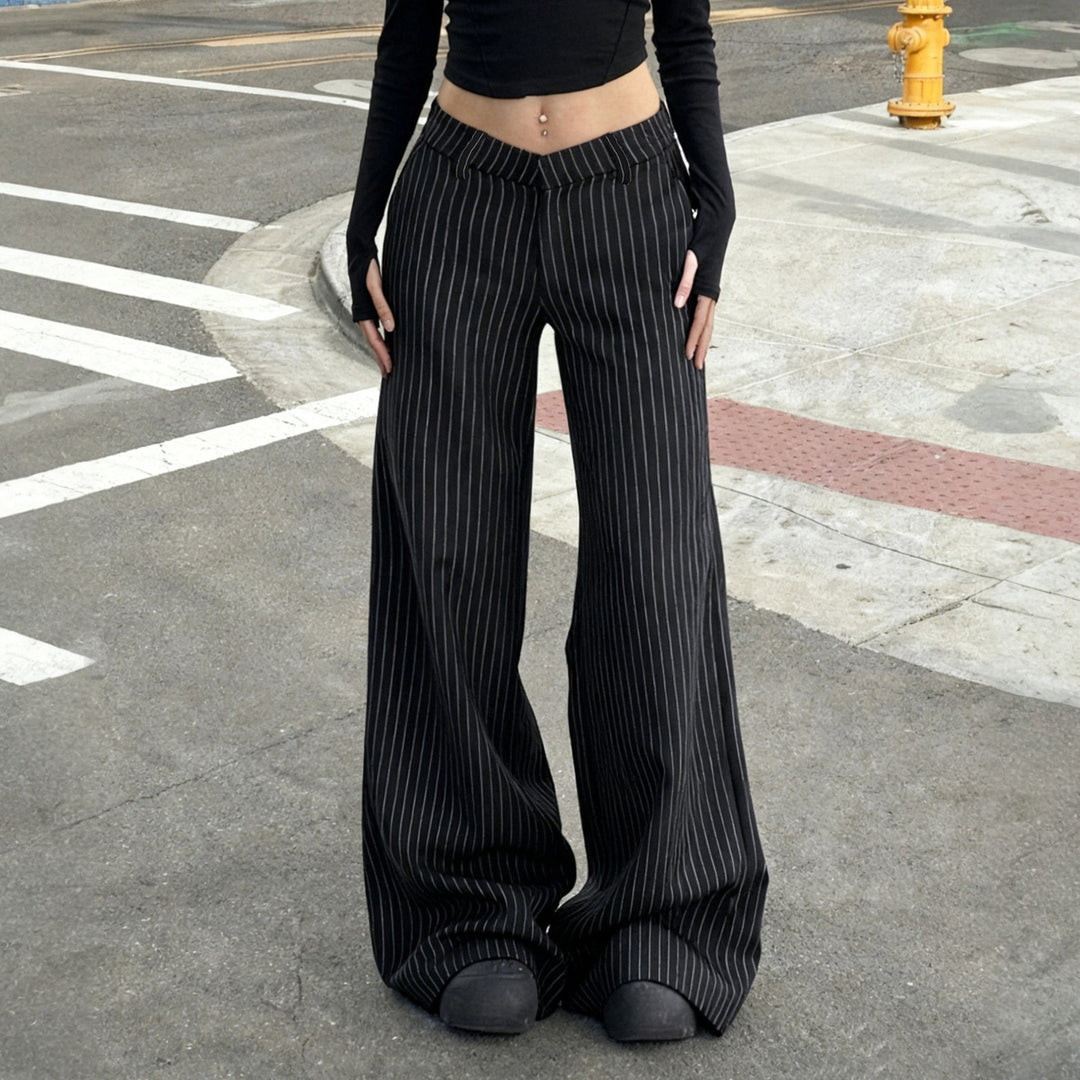Damen weite Palazzo-Hose mit eleganten Streifen und hohem Bund Drune